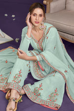 Load image into Gallery viewer, Georgette Fabric Function Wear Embroidered Palazzo Suit In Sea Green Color
