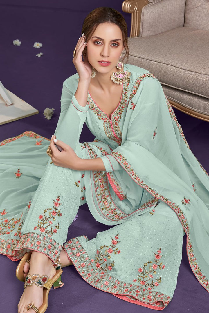 Georgette Fabric Function Wear Embroidered Palazzo Suit In Sea Green Color