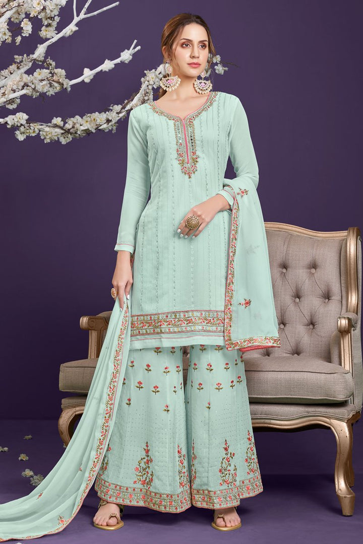 Georgette Fabric Function Wear Embroidered Palazzo Suit In Sea Green Color