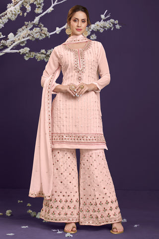 Party Wear Georgette Fabric Peach Color Embroidered Palazzo Suit