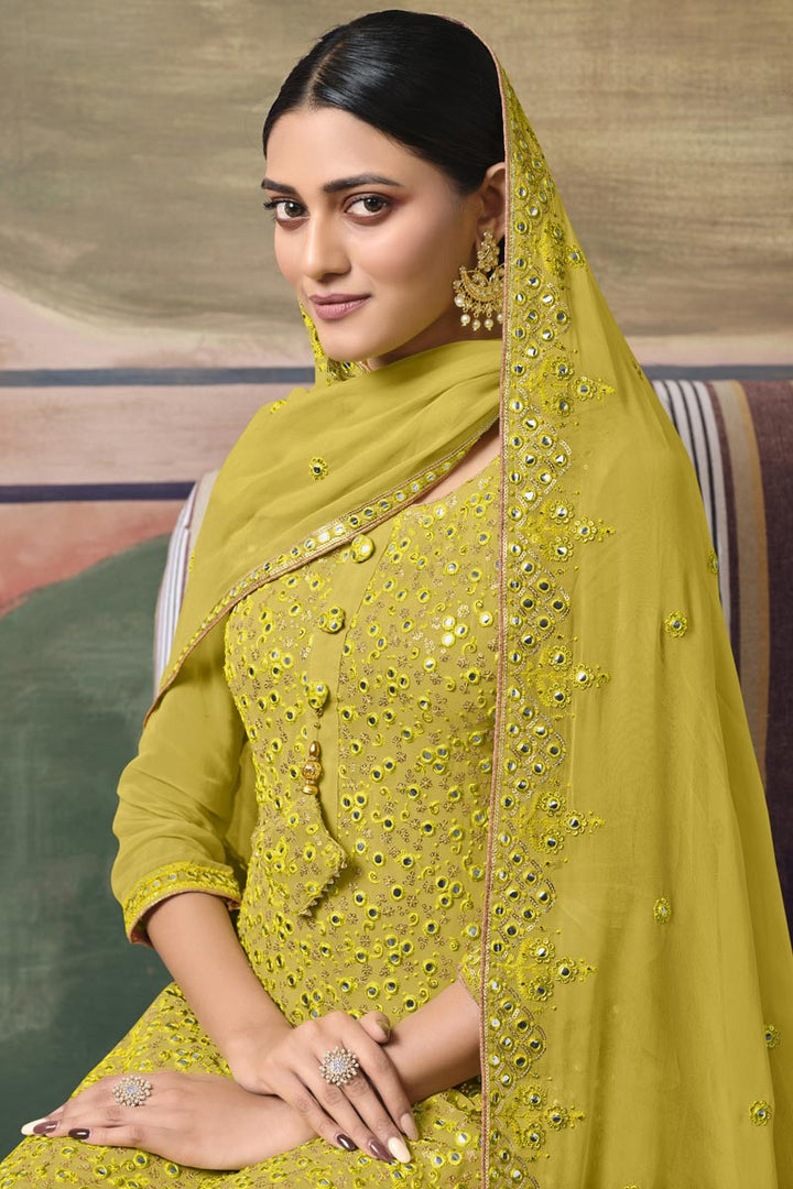 Sangeet Wear Yellow Color Sober Sharara Suit In Georgette Fabric