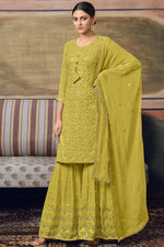 Load image into Gallery viewer, Sangeet Wear Yellow Color Sober Sharara Suit In Georgette Fabric
