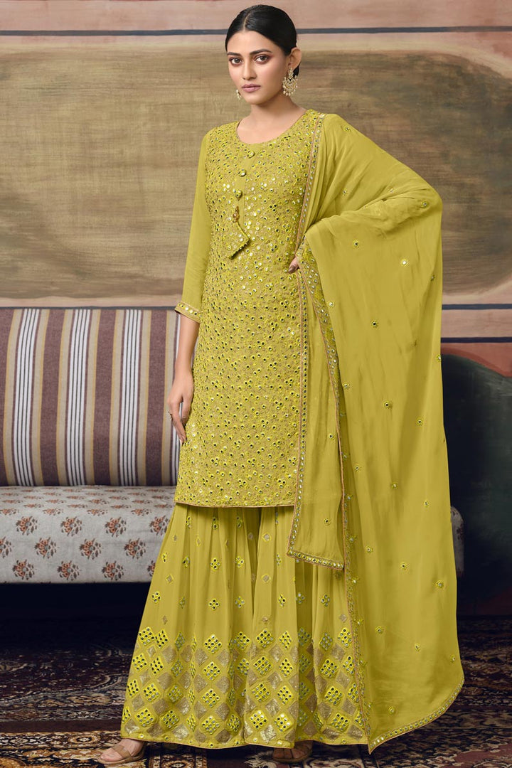 Sangeet Wear Yellow Color Sober Sharara Suit In Georgette Fabric