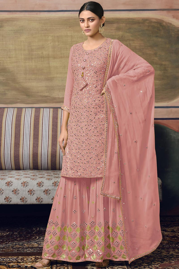 Soothing Pink Color Sangeet Wear Georgette Sharara Suit