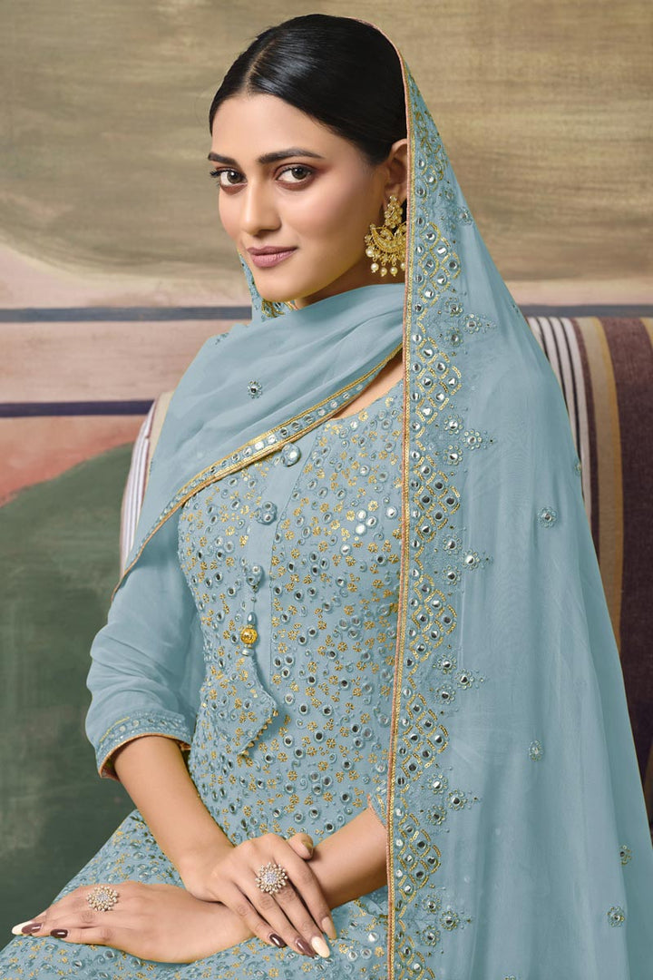 Sangeet Wear Imposing  Georgette Fabric Sharara Suit In Sky Blue Color