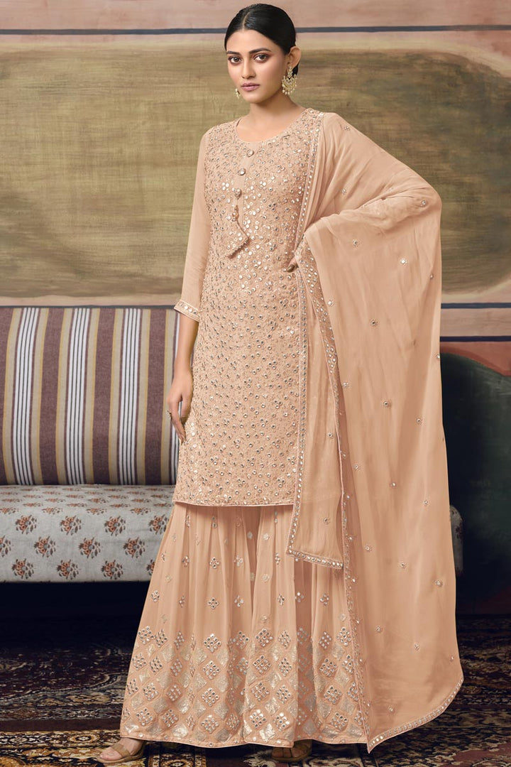 Sangeet Wear Pleasant Georgette Fabric Sharara Suit In Peach Color