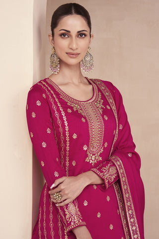 Diksha J Singh Rani Color Embroidered Readymade Designer Art Silk Palazzo Suit