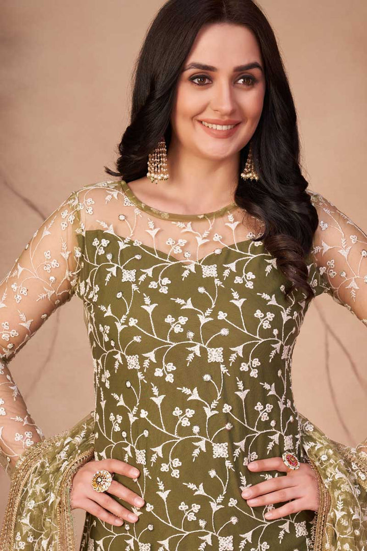 Mehendi Green Color Festival Wear Embroidered Net Fabric Splendid Salwar Suit