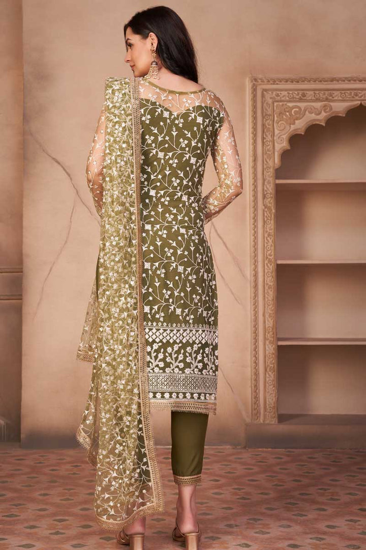 Mehendi Green Color Festival Wear Embroidered Net Fabric Splendid Salwar Suit