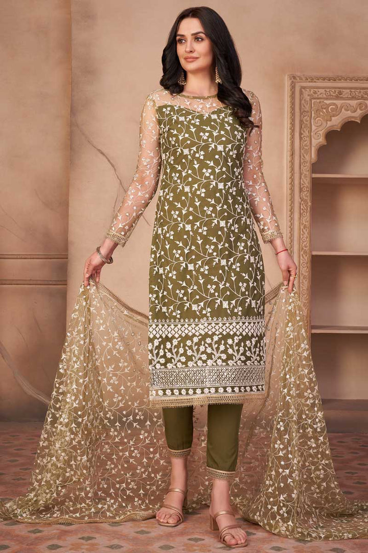 Mehendi Green Color Festival Wear Embroidered Net Fabric Splendid Salwar Suit