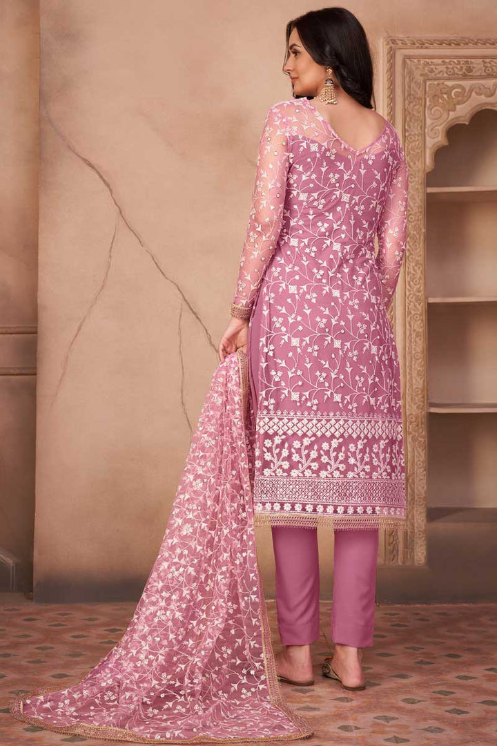 Exquisite Net Fabric Festival Wear Pink Color Embroidered Salwar Suit