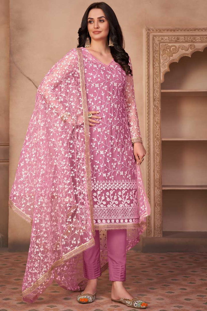 Exquisite Net Fabric Festival Wear Pink Color Embroidered Salwar Suit