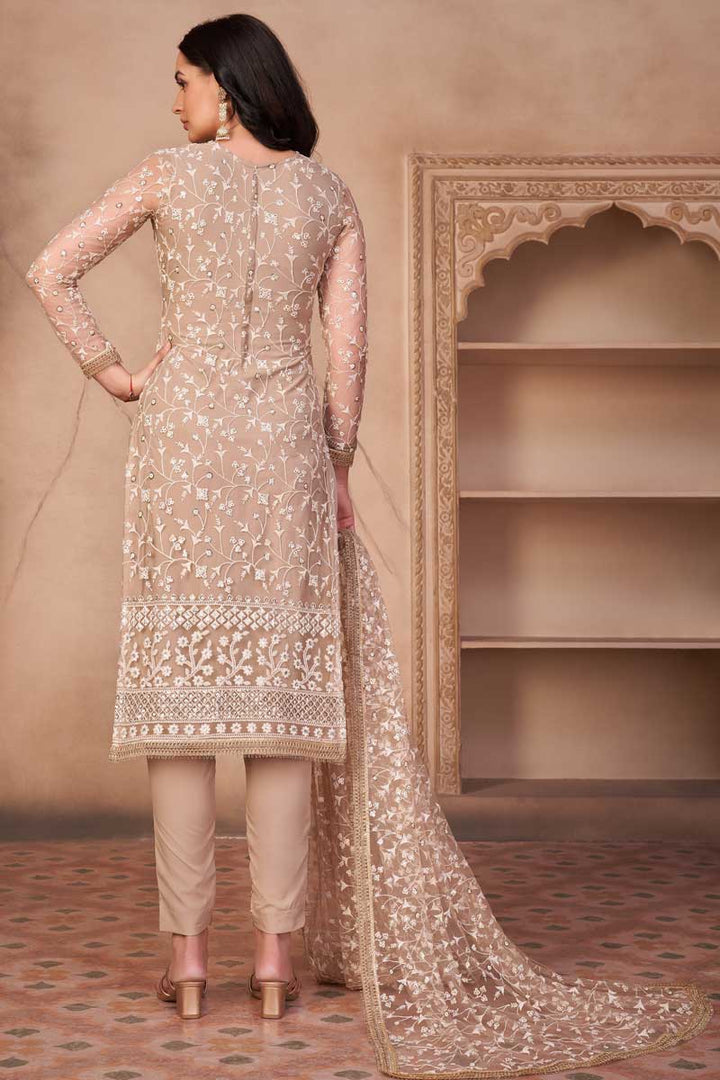 Chikoo Color Net Fabric Festival Wear Embroidered Imposing Salwar Suit