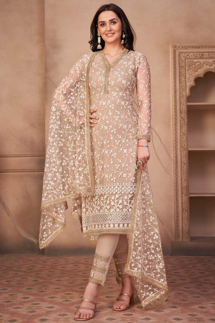 Chikoo Color Net Fabric Festival Wear Embroidered Imposing Salwar Suit