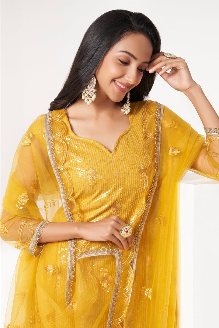 Yellow Color Sequins Work Designer Straight Cut Salwar Kameez In Net Fabric