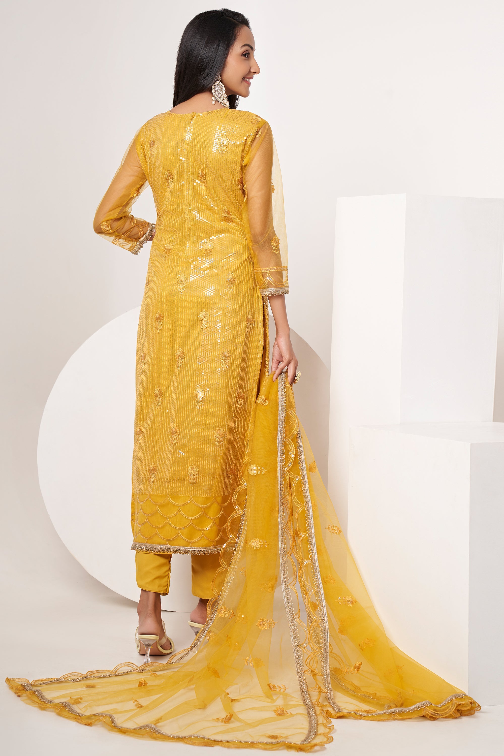 Yellow Color Sequins Work Designer Straight Cut Salwar Kameez In Net Fabric