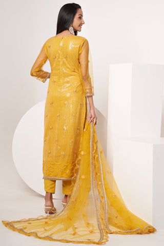 Yellow Color Sequins Work Designer Straight Cut Salwar Kameez In Net Fabric