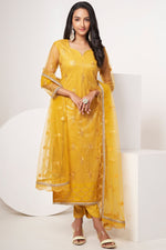 Load image into Gallery viewer, Yellow Color Sequins Work Designer Straight Cut Salwar Kameez In Net Fabric
