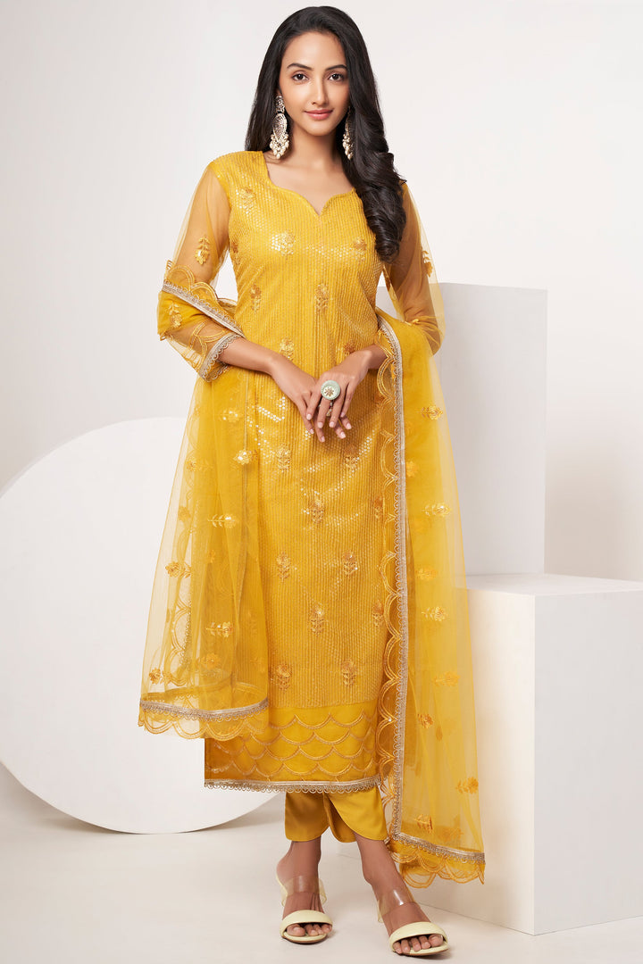 Yellow Color Sequins Work Designer Straight Cut Salwar Kameez In Net Fabric