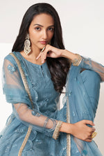 Load image into Gallery viewer, Blue Color Sequins Work Designer Straight Cut Suit In Net Fabric
