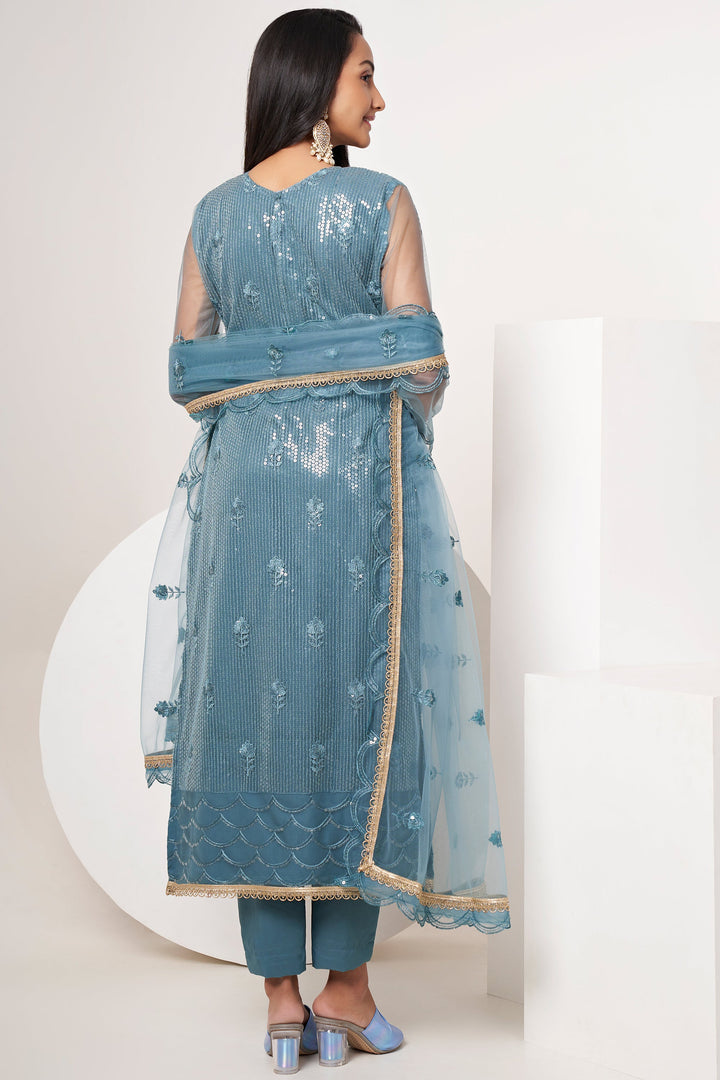 Blue Color Sequins Work Designer Straight Cut Suit In Net Fabric