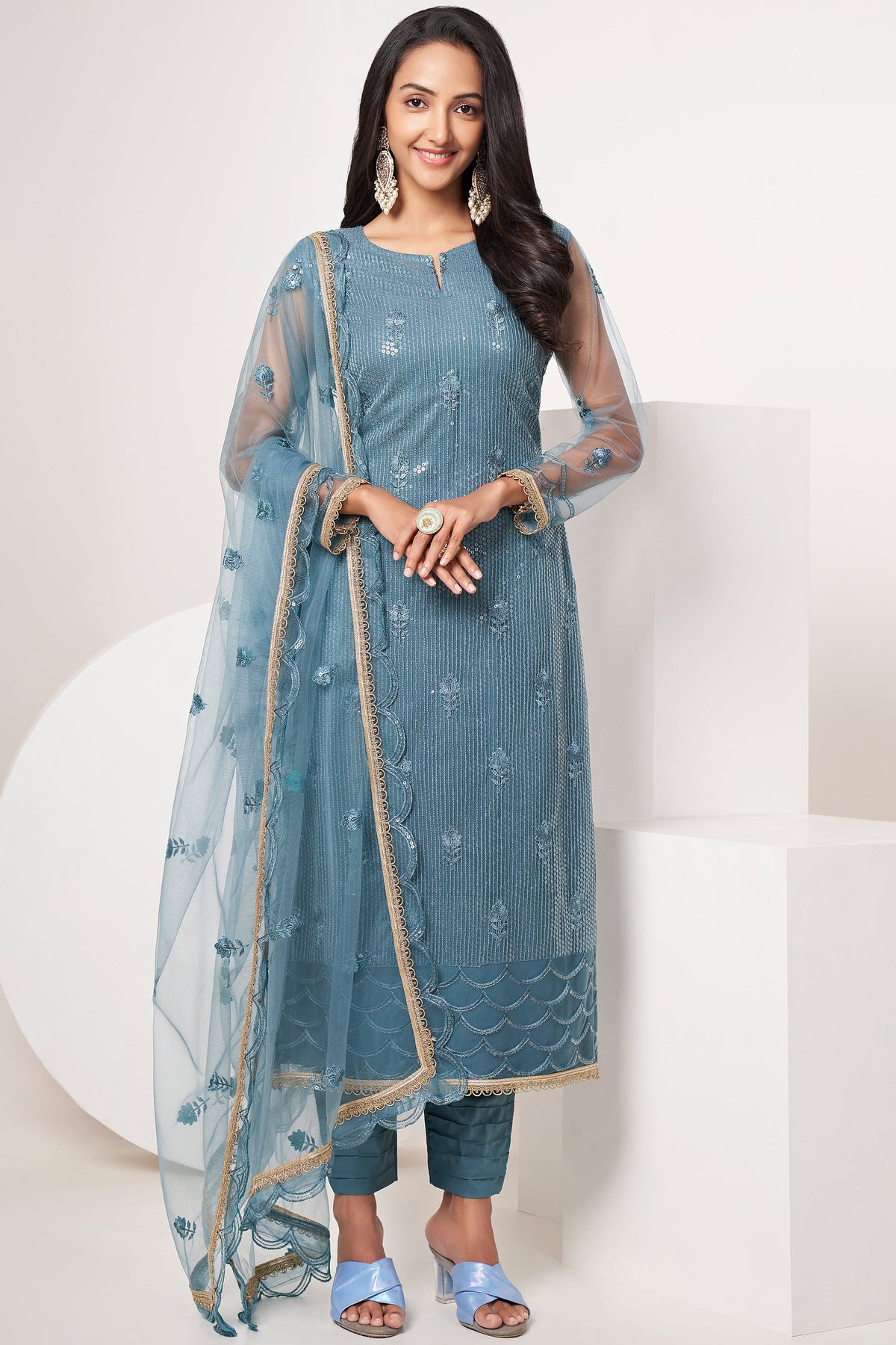 Blue Color Sequins Work Designer Straight Cut Suit In Net Fabric