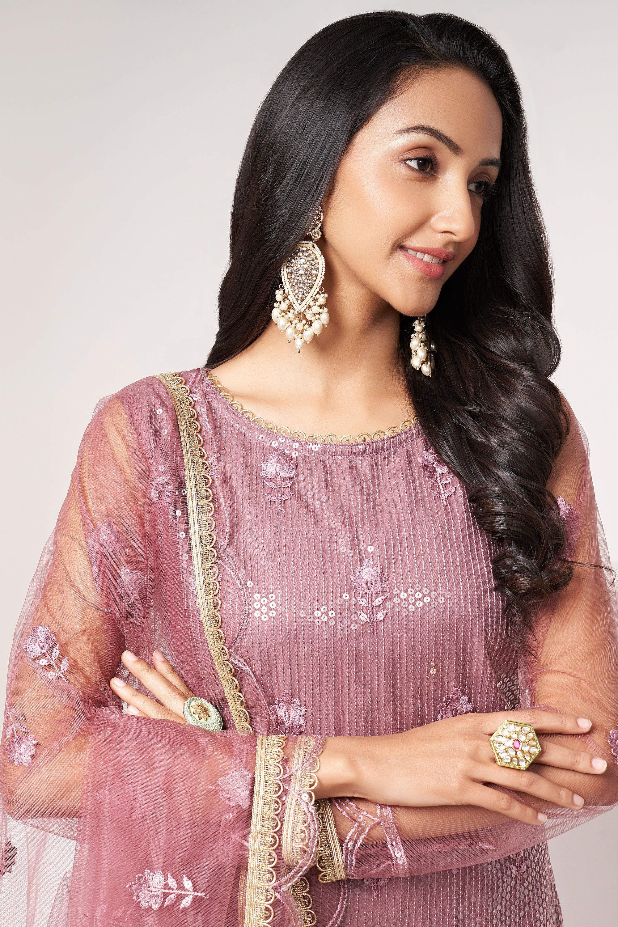 Sequins Work Designer Straight Cut Salwar Kameez In Net Fabric Pink Color