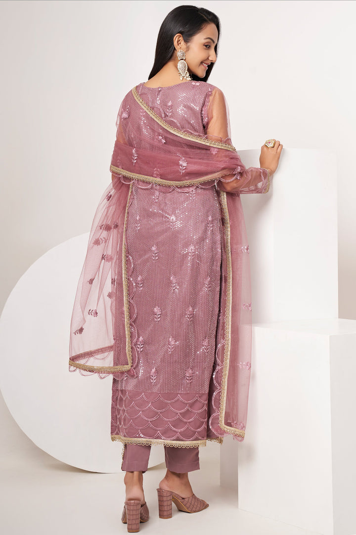 Sequins Work Designer Straight Cut Salwar Kameez In Net Fabric Pink Color