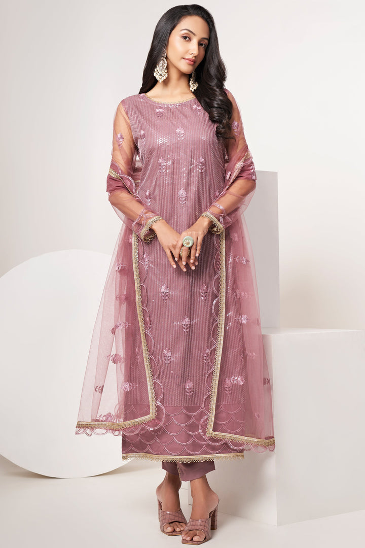 Sequins Work Designer Straight Cut Salwar Kameez In Net Fabric Pink Color