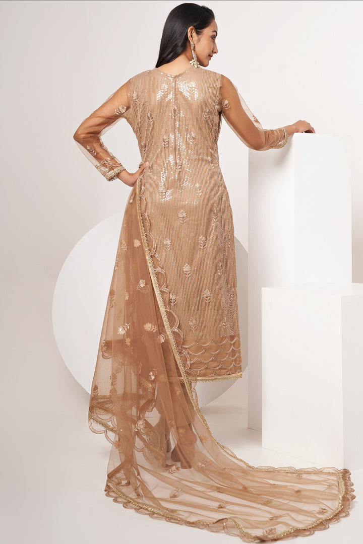 Brown Color Sequins Work Designer Straight Cut Salwar Suit In Net Fabric