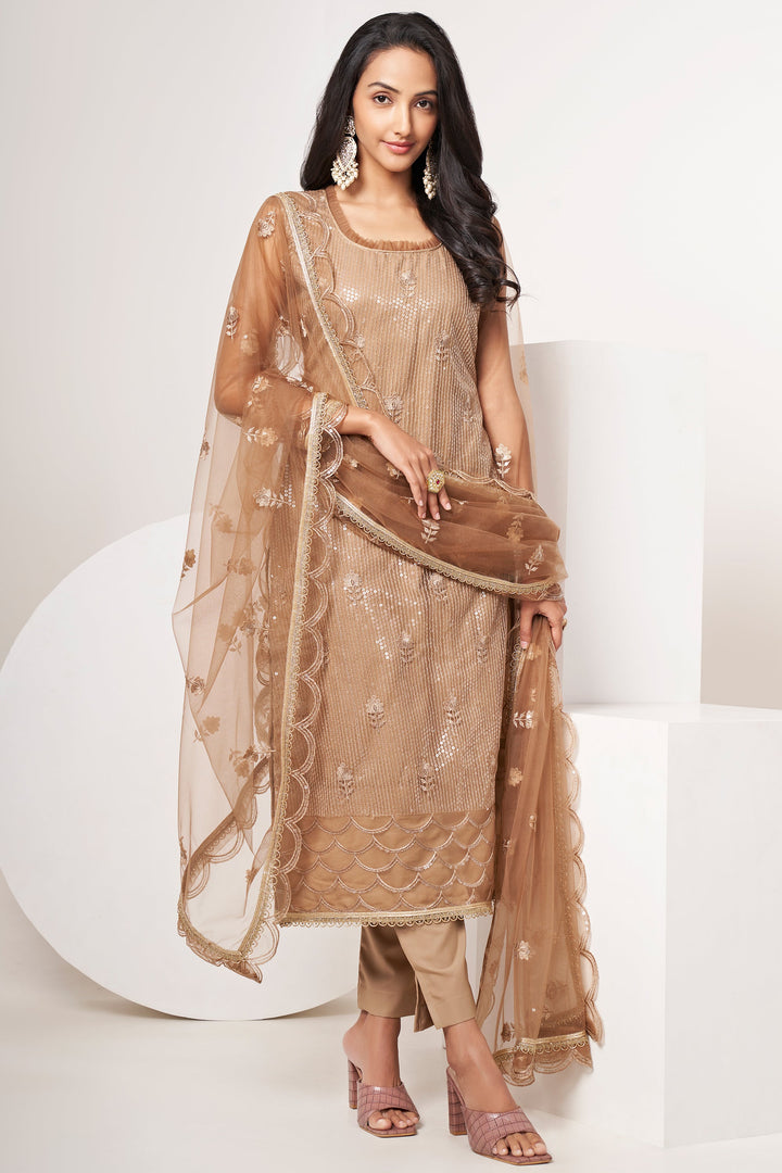 Brown Color Sequins Work Designer Straight Cut Salwar Suit In Net Fabric
