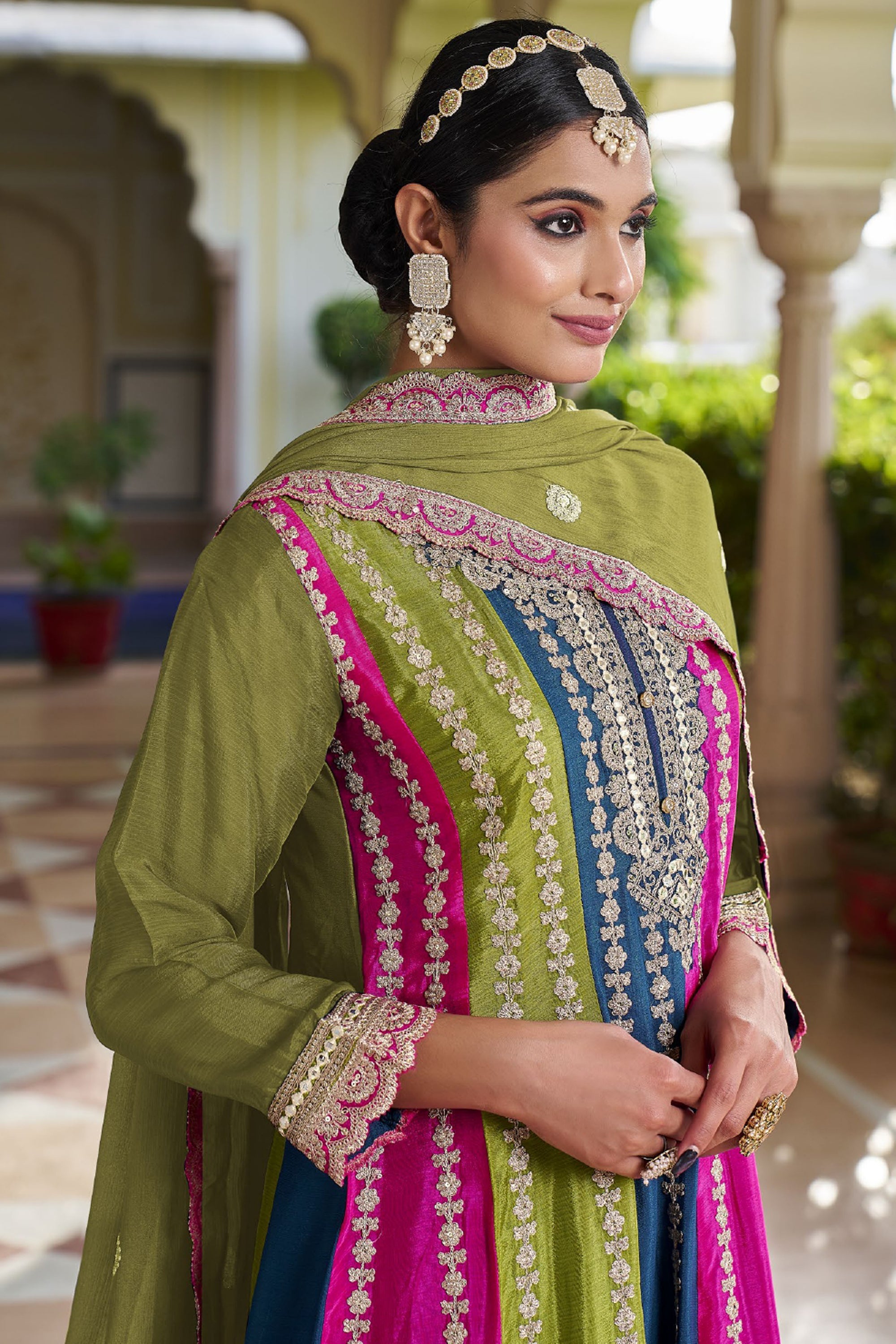 Chinon Fabric Green Color Festive Wear Embroidered Readymade Designer Salwar Kameez