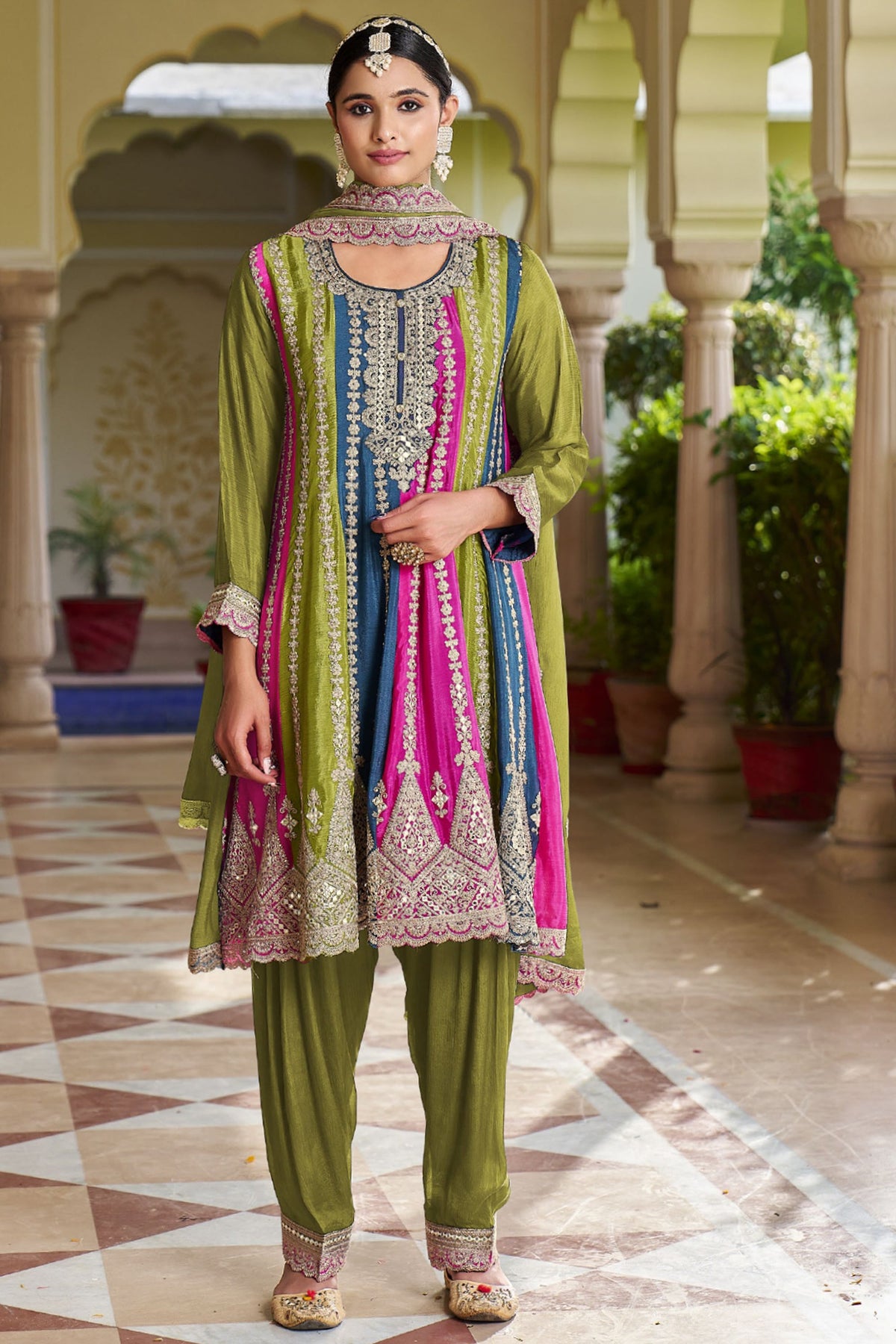 Chinon Fabric Green Color Festive Wear Embroidered Readymade Designer Salwar Kameez