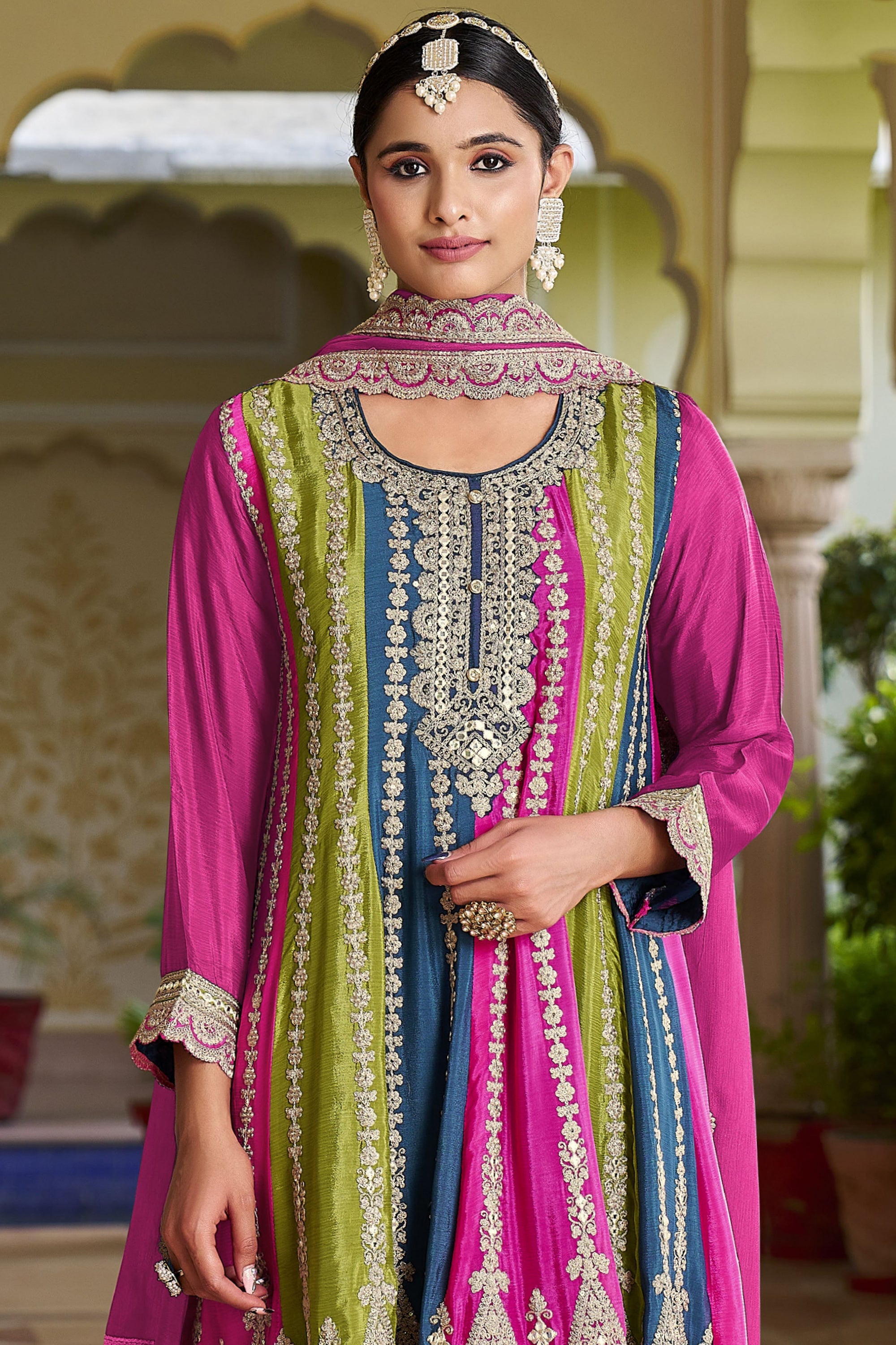 Chinon Fabric Function Wear Embroidered Readymade Designer Salwar Kameez In Rani Color