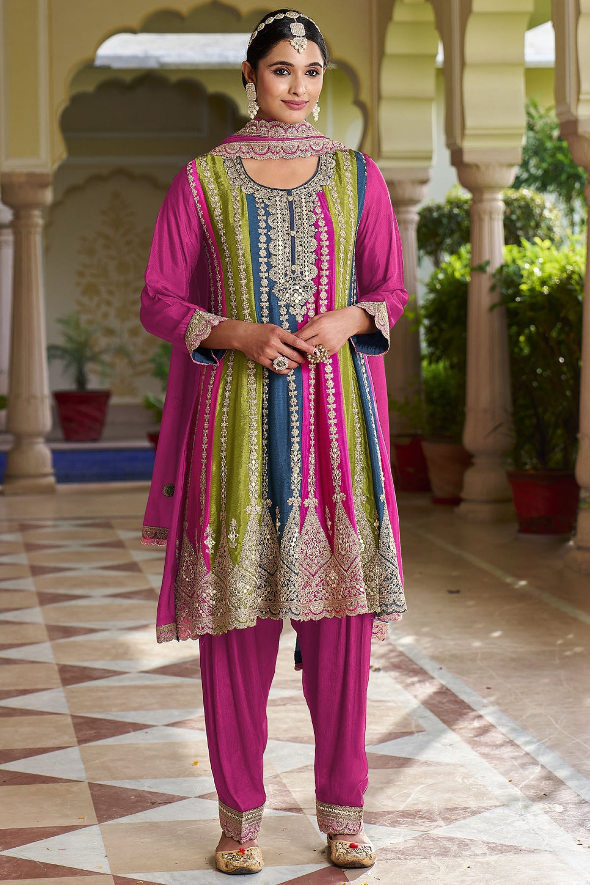 Chinon Fabric Function Wear Embroidered Readymade Designer Salwar Kameez In Rani Color