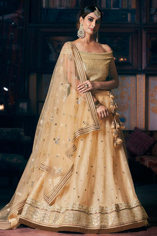 Net Fabric Brilliant Sangeet Wear Embroidered Work Lehenga In Cream Color