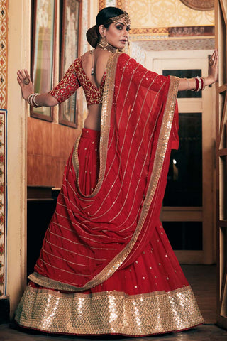 Red Color Georgette Fabric Aloof Sangeet Wear Embroidered Work Lehenga