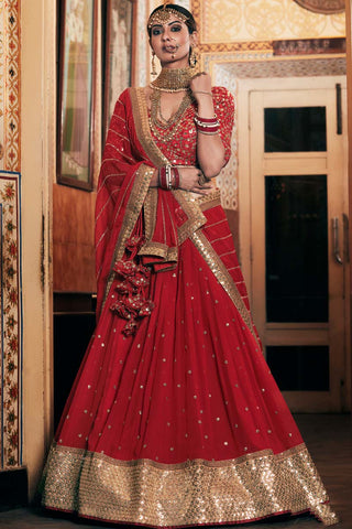 Red Color Georgette Fabric Aloof Sangeet Wear Embroidered Work Lehenga