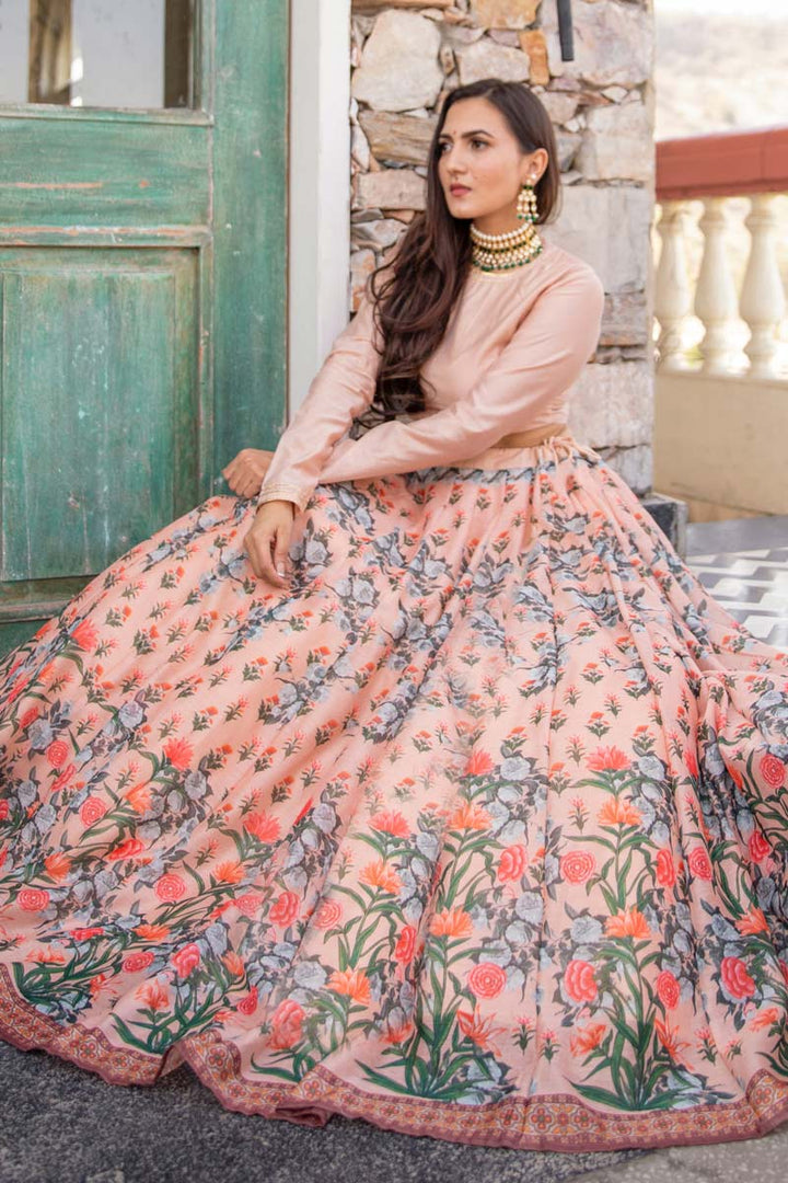 Peach Color Function Wear Digital Printed Aristocratic Lehenga In Fancy Fabric
