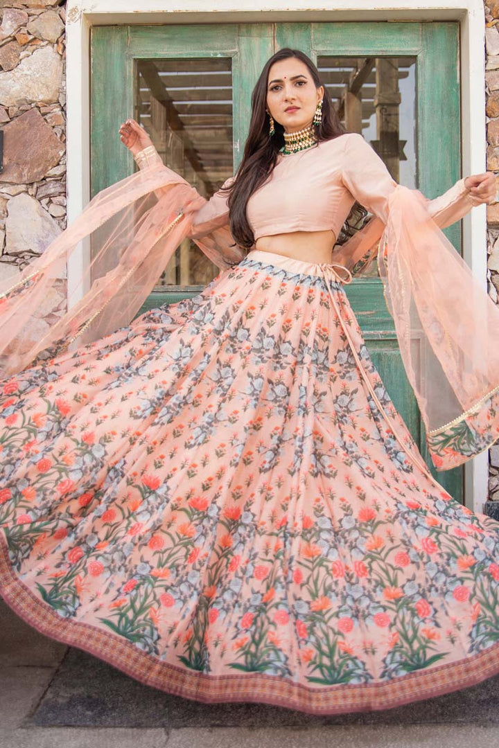 Peach Color Function Wear Digital Printed Aristocratic Lehenga In Fancy Fabric