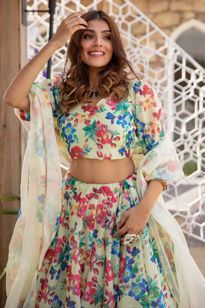 Function Wear Fancy Fabric Off White Color Digital Printed Sensational Lehenga