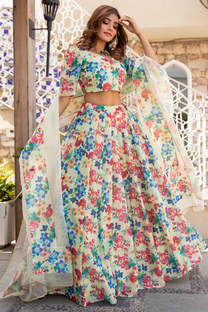 Function Wear Fancy Fabric Off White Color Digital Printed Sensational Lehenga