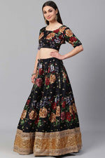 Load image into Gallery viewer, Art Silk Fabric Function Wear Trendy Textured Floral Digital Printed Lehenga In Black Color
