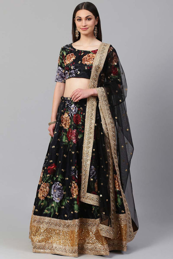 Art Silk Fabric Function Wear Trendy Textured Floral Digital Printed Lehenga In Black Color