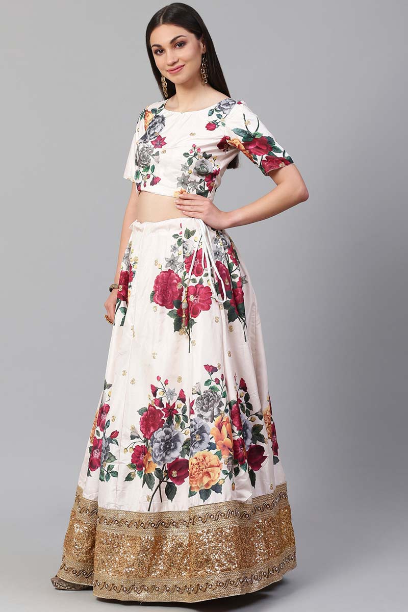 Cream Color Function Wear Floral Digital Printed Charismatic Lehenga In Art Silk Fabric