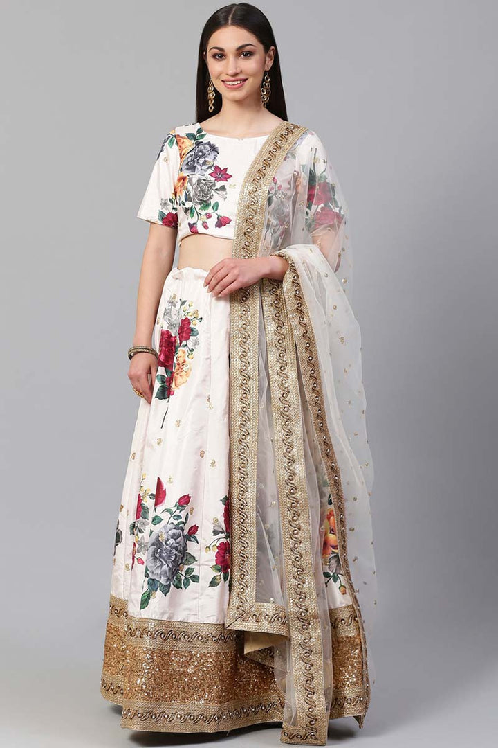 Cream Color Function Wear Floral Digital Printed Charismatic Lehenga In Art Silk Fabric