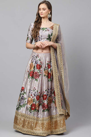 Function Wear Art Silk Fabric Grey Color Floral Digital Printed Innovative Lehenga