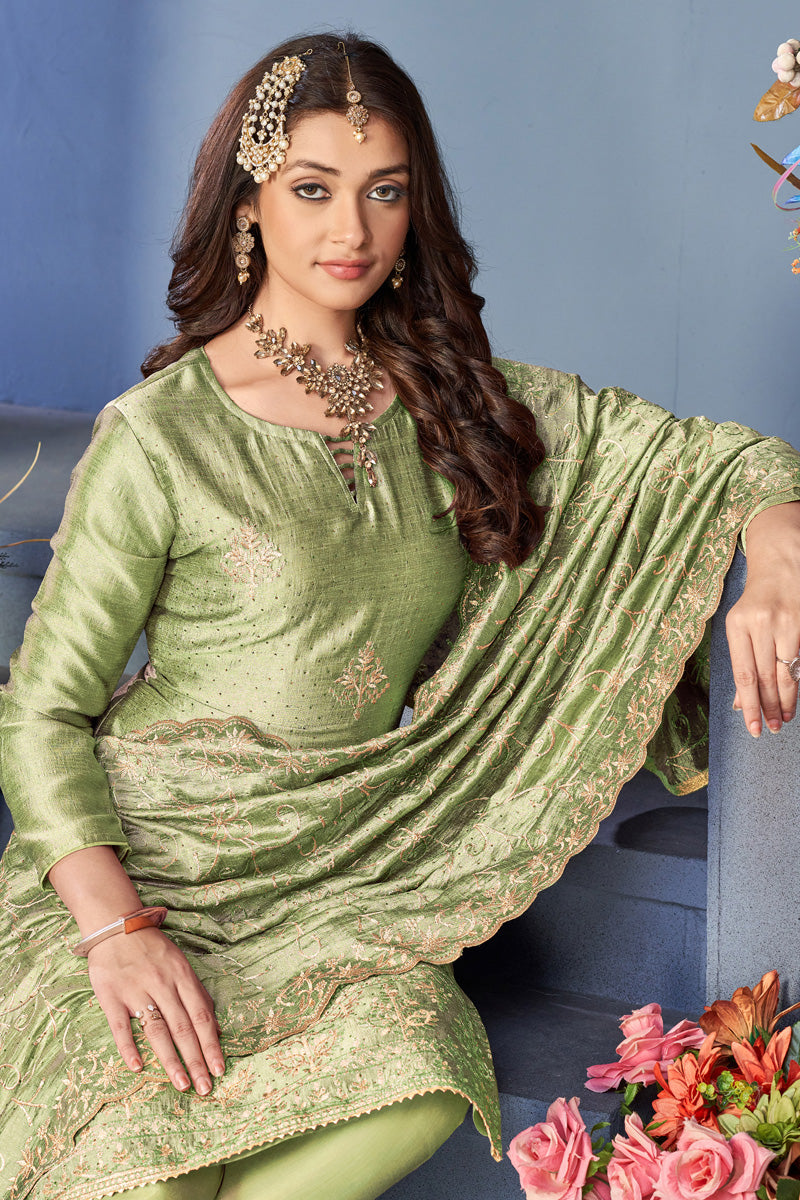 Festive Sea Sea Green Vichitra Fabric Salwar Kameez With Embroidered Work