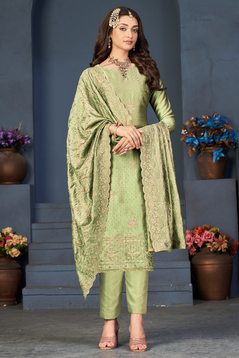 Festive Sea Sea Green Vichitra Fabric Salwar Kameez With Embroidered Work