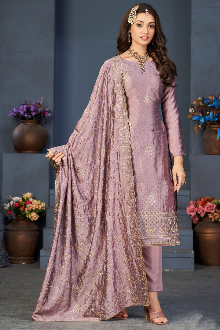Traditional Lavender Vichitra Fabric Embroidered Salwar Suit for Festival